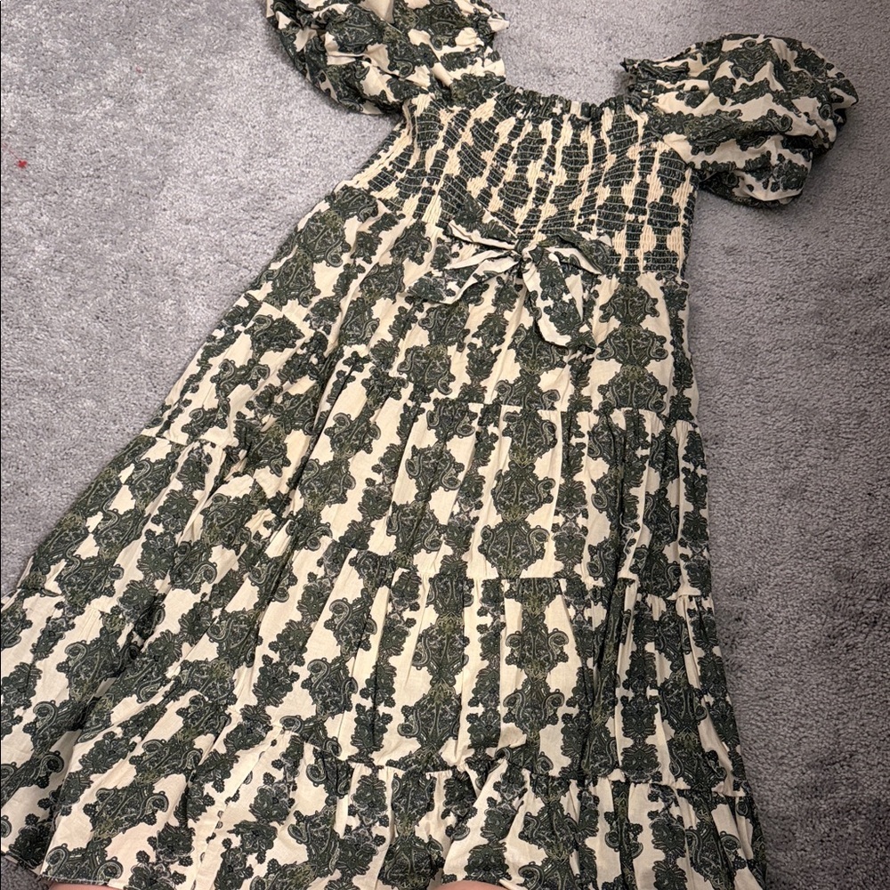 Girls Cream and Dark Green Printed Smocked Dress with Puff Sleeves - Picture 1 of 4